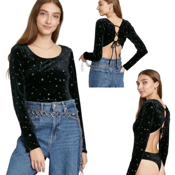 Wild Fable Black Velour Galaxy Lace Up Back Bodysuit L NWT - Picture 1 of 9